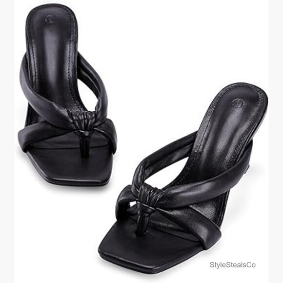 Shoes - Square Toe Thong Heeled Sandals Mules 2.75 Inch Heels Dress Party